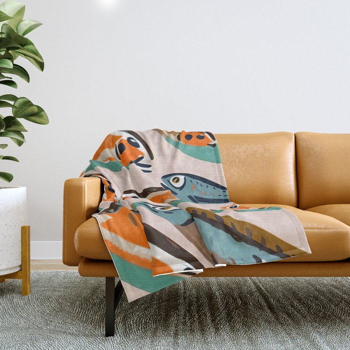 Sardines, Colorful Bohemian Eclectic Fish Animals, Ocean Life Seawater Quirky Whimsical, Pastel Illustration Painting Throw Blanket Gallery Image 1