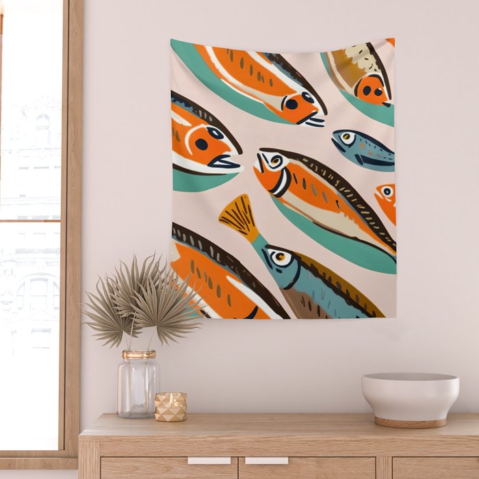 Sardines, Colorful Bohemian Eclectic Fish Animals, Ocean Life Seawater Quirky Whimsical, Pastel Illustration Painting Wall Tapestry Gallery Image 2
