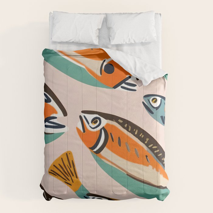 Sardines, Colorful Bohemian Eclectic Fish Animals, Ocean Life Seawater Quirky Whimsical, Pastel Illustration Painting Comforter Gallery Image 6