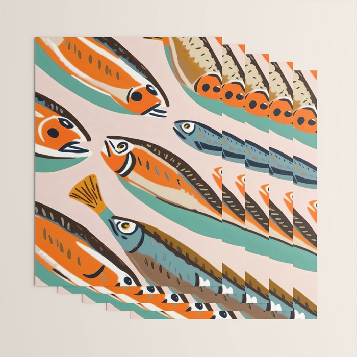 Sardines, Colorful Bohemian Eclectic Fish Animals, Ocean Life Seawater Quirky Whimsical, Pastel Illustration Painting Wrapping Paper Gallery Image 3