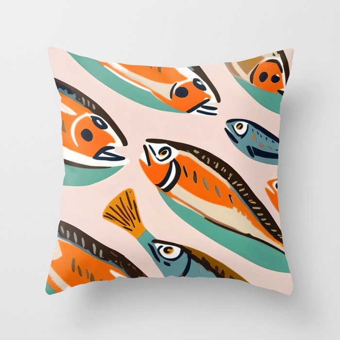 Sardines, Colorful Bohemian Eclectic Fish Animals, Ocean Life Seawater Quirky Whimsical, Pastel Illustration Painting Throw Pillow Gallery Image 6