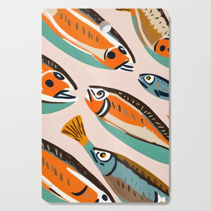Sardines, Colorful Bohemian Eclectic Fish Animals, Ocean Life Seawater Quirky Whimsical, Pastel Illustration Painting Cutting Board Gallery Image 1