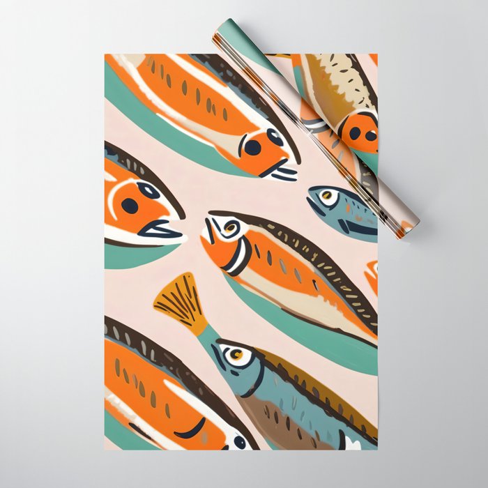 Sardines, Colorful Bohemian Eclectic Fish Animals, Ocean Life Seawater Quirky Whimsical, Pastel Illustration Painting Wrapping Paper Gallery Image 1