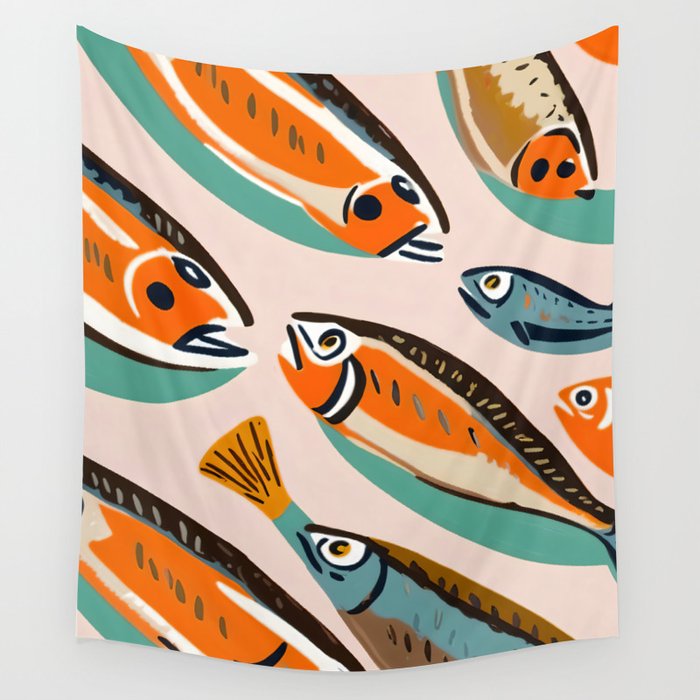 Sardines, Colorful Bohemian Eclectic Fish Animals, Ocean Life Seawater Quirky Whimsical, Pastel Illustration Painting Wall Tapestry Gallery Image 4