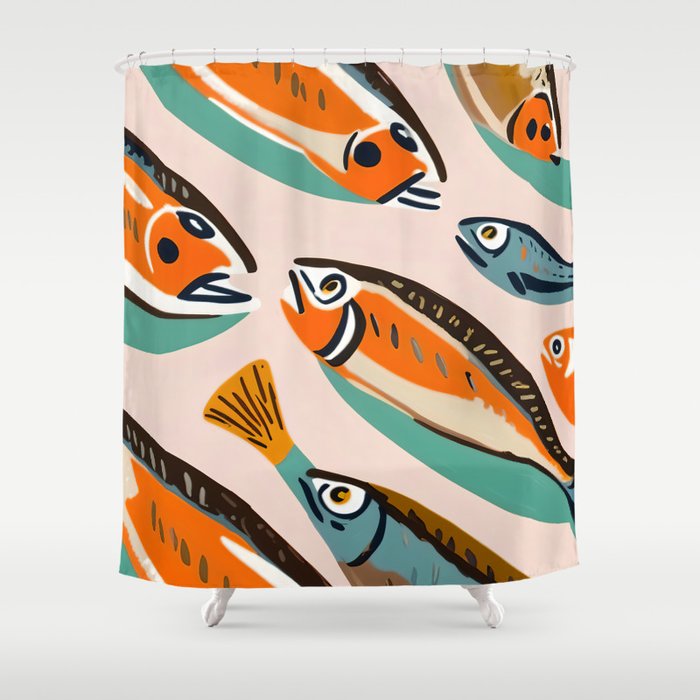 Sardines, Colorful Bohemian Eclectic Fish Animals, Ocean Life Seawater Quirky Whimsical, Pastel Illustration Painting Shower Curtain Gallery Image 1