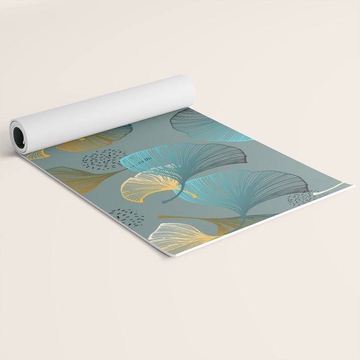 Luxury gold Ginkgo on blue background illustration pattern. Yoga Mat Gallery Image 2