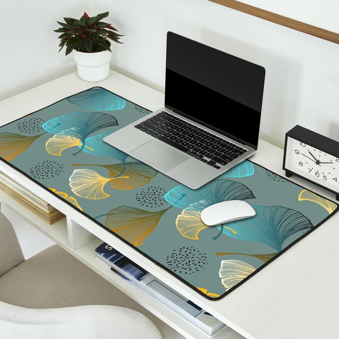 Luxury gold Ginkgo on blue background illustration pattern. Desk Mat Gallery Image 2