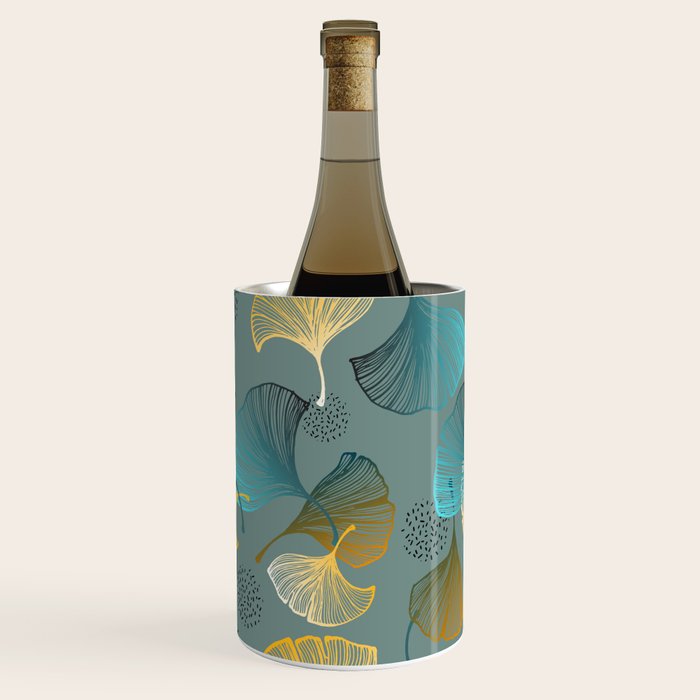 Luxury gold Ginkgo on blue background illustration pattern. Wine Chiller Gallery Image 1