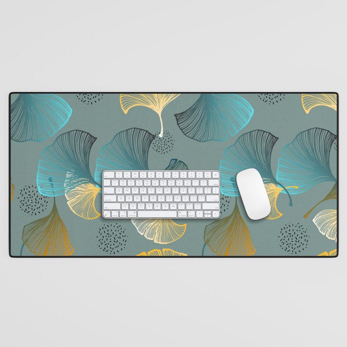 Luxury gold Ginkgo on blue background illustration pattern. Desk Mat Gallery Image 1