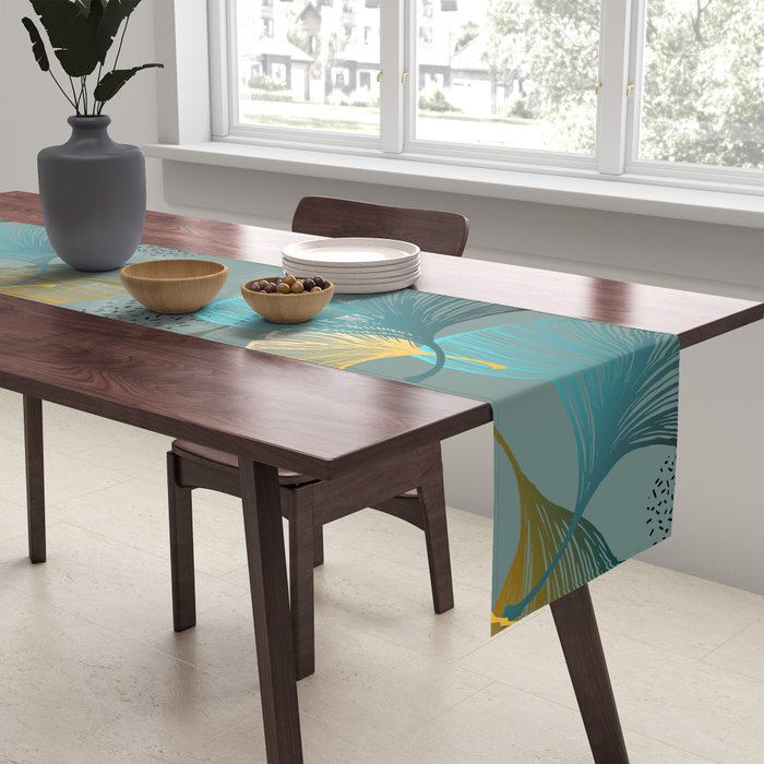 Luxury gold Ginkgo on blue background illustration pattern. Table Runner Gallery Image 2