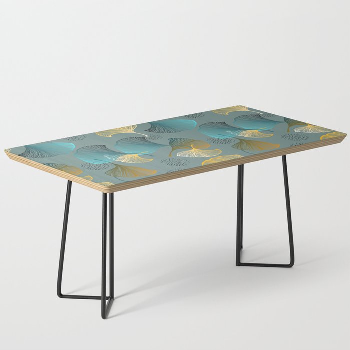 Luxury gold Ginkgo on blue background illustration pattern. Coffee Table Gallery Image 1