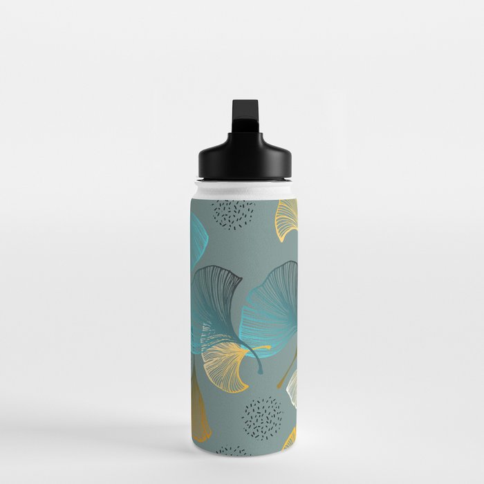 Luxury gold Ginkgo on blue background illustration pattern. Water Bottle Gallery Image 3