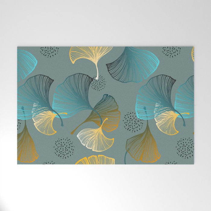 Luxury gold Ginkgo on blue background illustration pattern. Welcome Mat Gallery Image 1