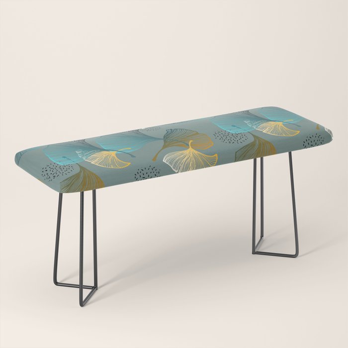 Luxury gold Ginkgo on blue background illustration pattern. Bench Gallery Image 1