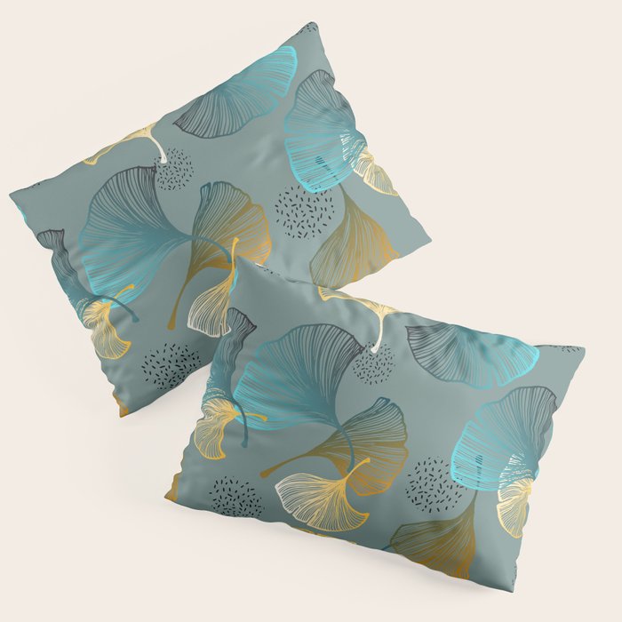 Luxury gold Ginkgo on blue background illustration pattern. Pillow Sham Gallery Image 3