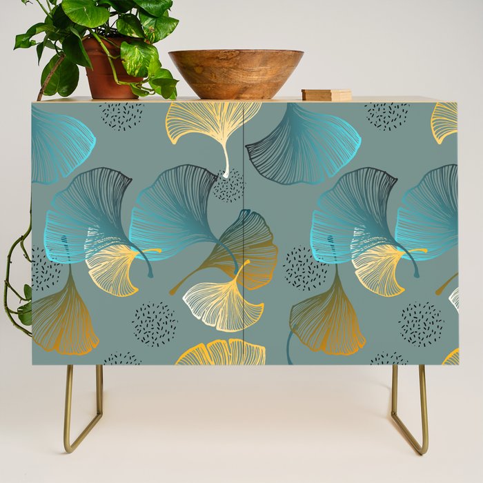 Luxury gold Ginkgo on blue background illustration pattern. Credenza Gallery Image 1
