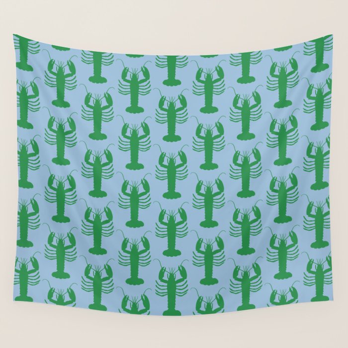 Coastal Pop Lobster Pattern in Light Blue and Green Wall Tapestry Gallery Image 1