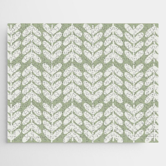 Leaves and Stems Chunky Knit Botanical Pattern in Pale Gray and Sage Green Jigsaw Puzzle Gallery Image 1