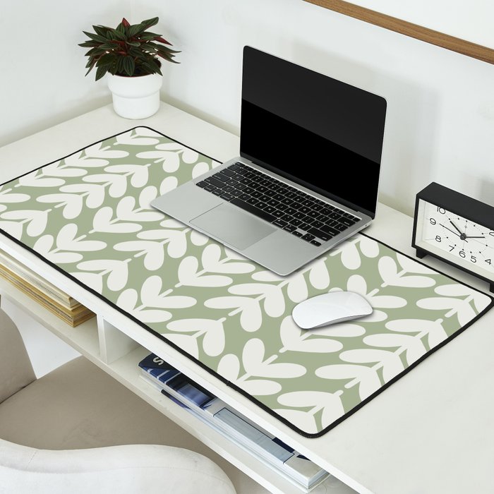 Leaves and Stems Chunky Knit Botanical Pattern in Pale Gray and Sage Green Desk Mat Gallery Image 2