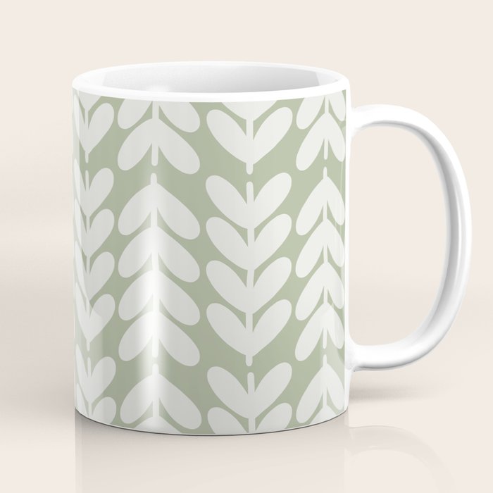 Leaves and Stems Chunky Knit Botanical Pattern in Pale Gray and Sage Green Coffee Mug Gallery Image 1