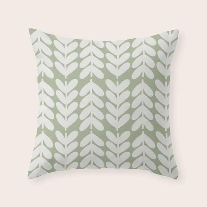 Leaves and Stems Chunky Knit Botanical Pattern in Pale Gray and Sage Green Throw Pillow Gallery Image 6