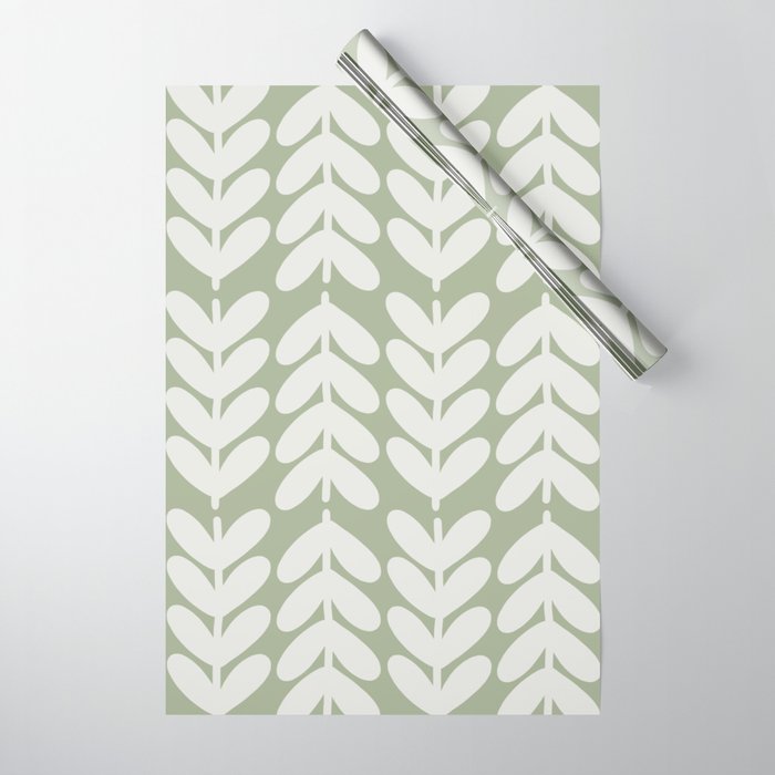 Leaves and Stems Chunky Knit Botanical Pattern in Pale Gray and Sage Green Wrapping Paper Gallery Image 1
