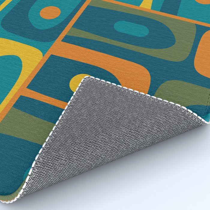 Mid Century Modern Piquet Retro Abstract Multi Pattern in Moroccan Blue Teal Orange Olive Mustard Rug Gallery Image 4