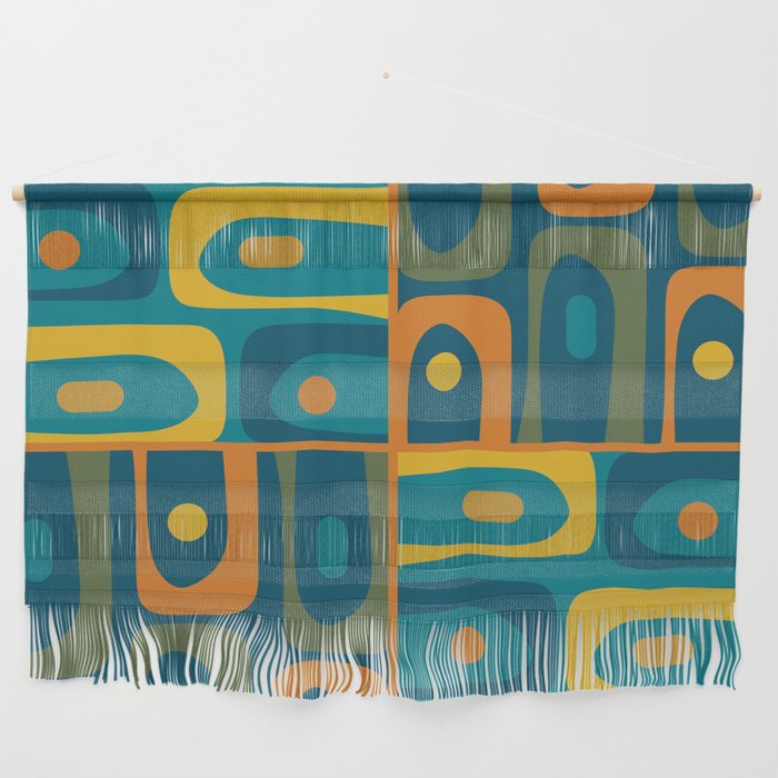 Mid Century Modern Piquet Retro Abstract Multi Pattern in Moroccan Blue Teal Orange Olive Mustard Wall Hanging Gallery Image 1