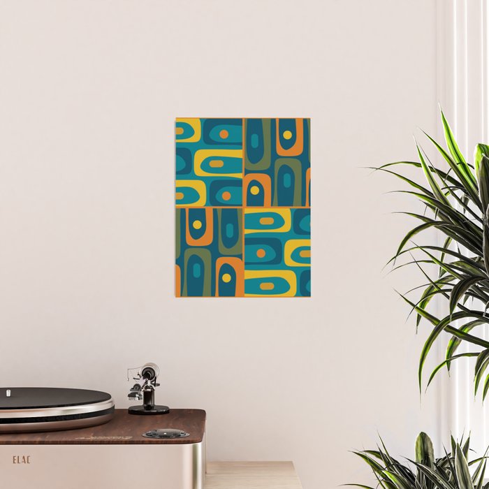 Mid Century Modern Piquet Retro Abstract Multi Pattern in Moroccan Blue Teal Orange Olive Mustard Poster Gallery Image 2