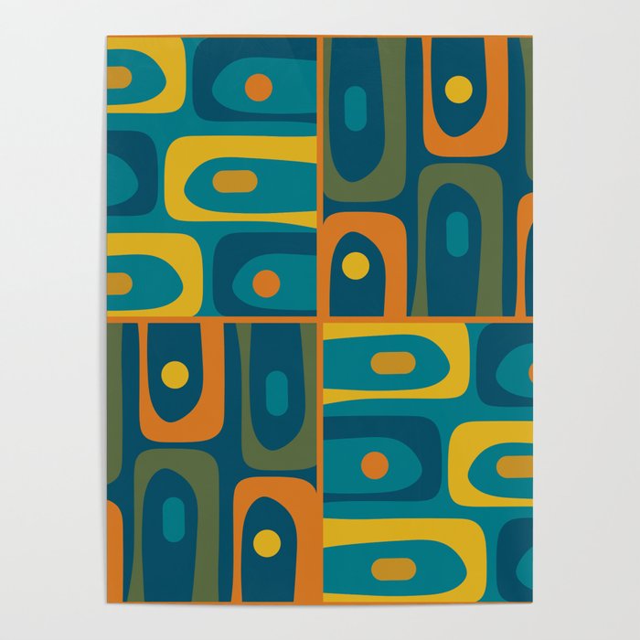 Mid Century Modern Piquet Retro Abstract Multi Pattern in Moroccan Blue Teal Orange Olive Mustard Poster Gallery Image 4