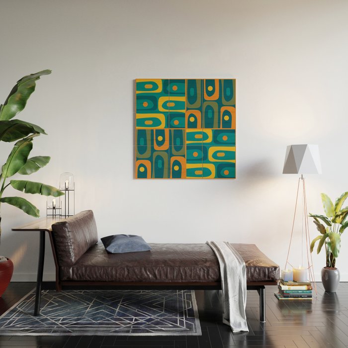 Mid Century Modern Piquet Retro Abstract Multi Pattern in Moroccan Blue Teal Orange Olive Mustard Wood Wall Art Gallery Image 2