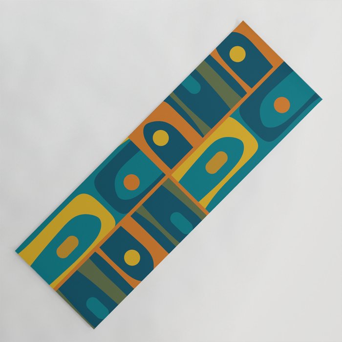 Mid Century Modern Piquet Retro Abstract Multi Pattern in Moroccan Blue Teal Orange Olive Mustard Yoga Mat Gallery Image 1
