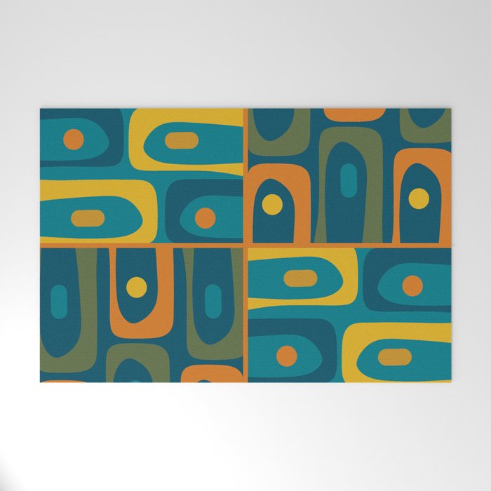 Mid Century Modern Piquet Retro Abstract Multi Pattern in Moroccan Blue Teal Orange Olive Mustard Welcome Mat Gallery Image 1