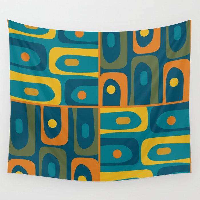 Mid Century Modern Piquet Retro Abstract Multi Pattern in Moroccan Blue Teal Orange Olive Mustard Wall Tapestry Gallery Image 4