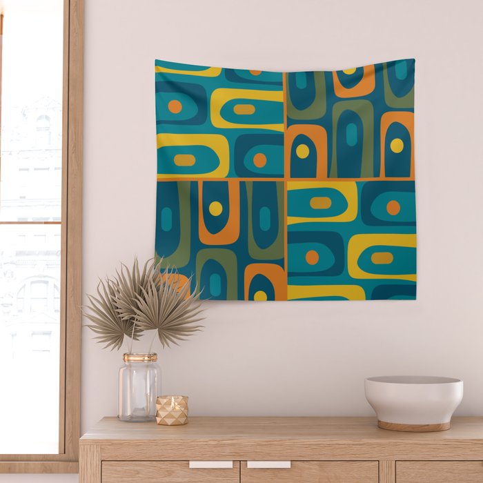 Mid Century Modern Piquet Retro Abstract Multi Pattern in Moroccan Blue Teal Orange Olive Mustard Wall Tapestry Gallery Image 2