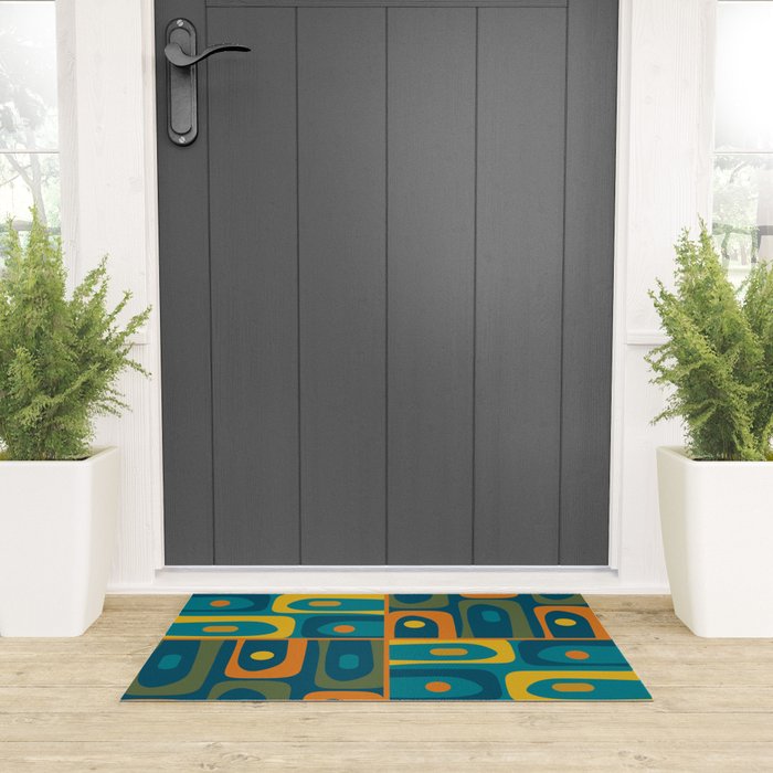 Mid Century Modern Piquet Retro Abstract Multi Pattern in Moroccan Blue Teal Orange Olive Mustard Welcome Mat Gallery Image 3