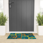 Mid Century Modern Piquet Retro Abstract Multi Pattern in Moroccan Blue Teal Orange Olive Mustard Welcome Mat Gallery Image 3