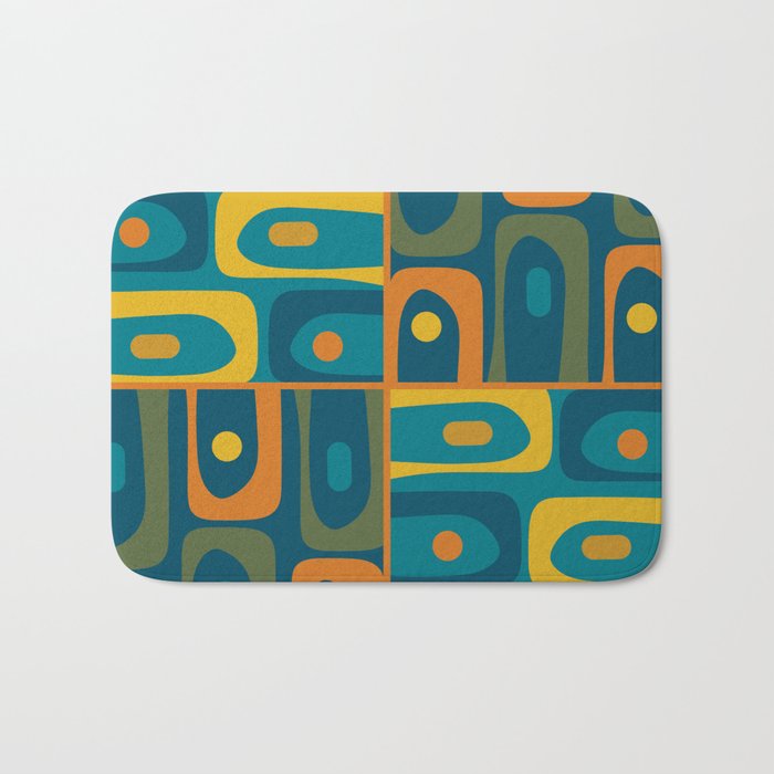 Mid Century Modern Piquet Retro Abstract Multi Pattern in Moroccan Blue Teal Orange Olive Mustard Bath Mat Gallery Image 1