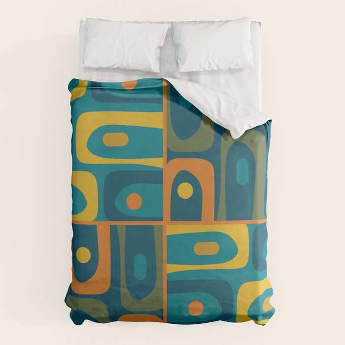 Mid Century Modern Piquet Retro Abstract Multi Pattern in Moroccan Blue Teal Orange Olive Mustard Duvet Cover Gallery Image 1