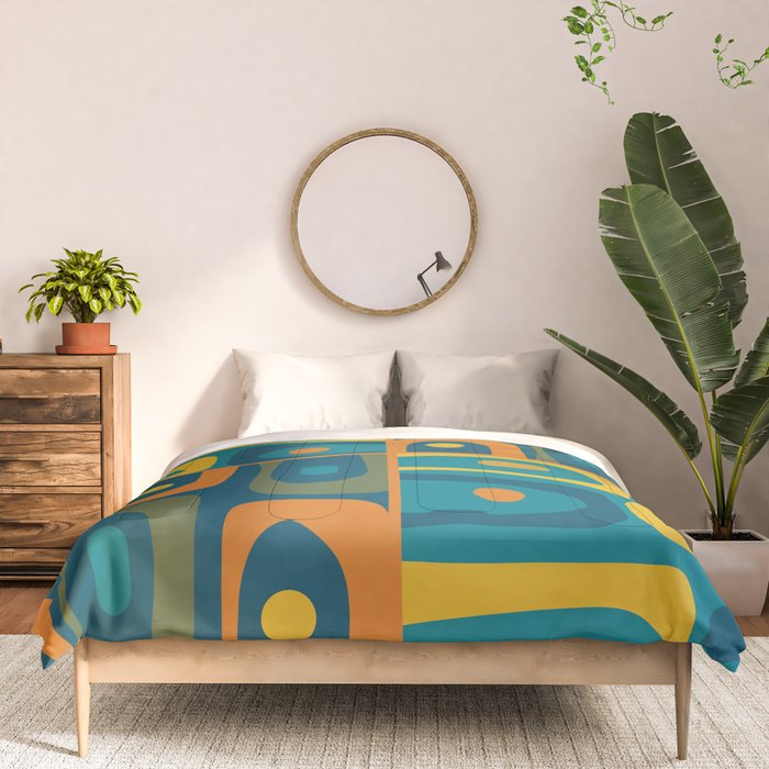 Mid Century Modern Piquet Retro Abstract Multi Pattern in Moroccan Blue Teal Orange Olive Mustard Comforter Gallery Image 3
