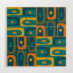 Mid Century Modern Piquet Retro Abstract Multi Pattern in Moroccan Blue Teal Orange Olive Mustard Wood Wall Art Gallery Image 1