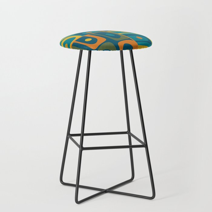 Mid Century Modern Piquet Retro Abstract Multi Pattern in Moroccan Blue Teal Orange Olive Mustard Stool Gallery Image 1