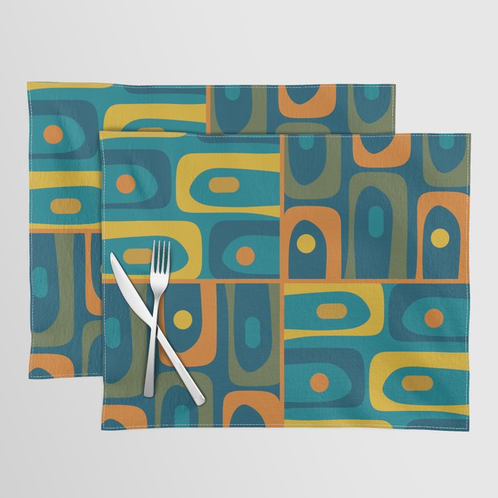 Mid Century Modern Piquet Retro Abstract Multi Pattern in Moroccan Blue Teal Orange Olive Mustard Placemat Gallery Image 1