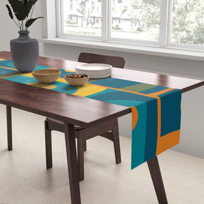 Mid Century Modern Piquet Retro Abstract Multi Pattern in Moroccan Blue Teal Orange Olive Mustard Table Runner Gallery Image 2