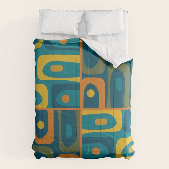 Mid Century Modern Piquet Retro Abstract Multi Pattern in Moroccan Blue Teal Orange Olive Mustard Comforter Gallery Image 1