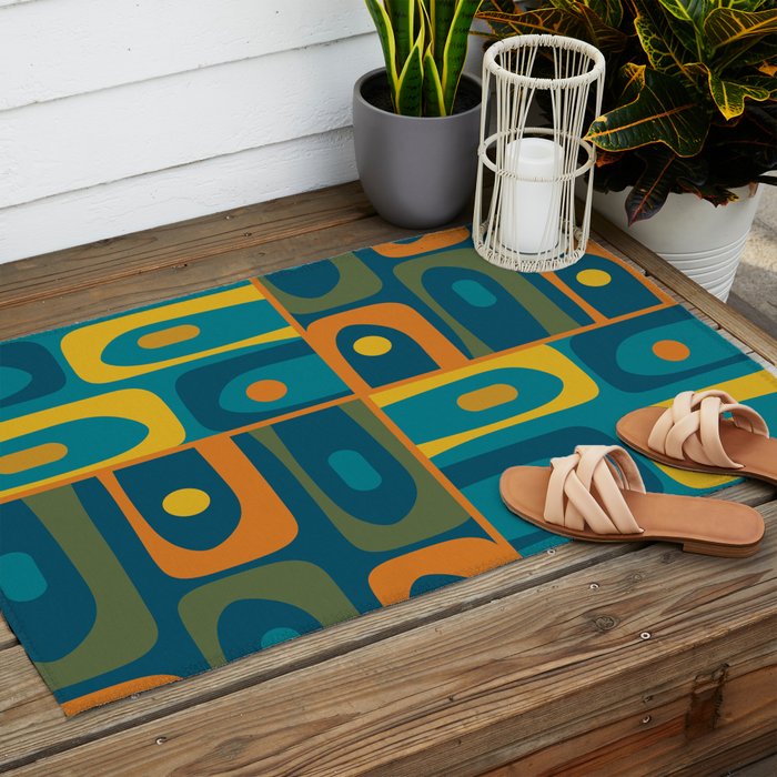 Mid Century Modern Piquet Retro Abstract Multi Pattern in Moroccan Blue Teal Orange Olive Mustard Outdoor Rug Gallery Image 2
