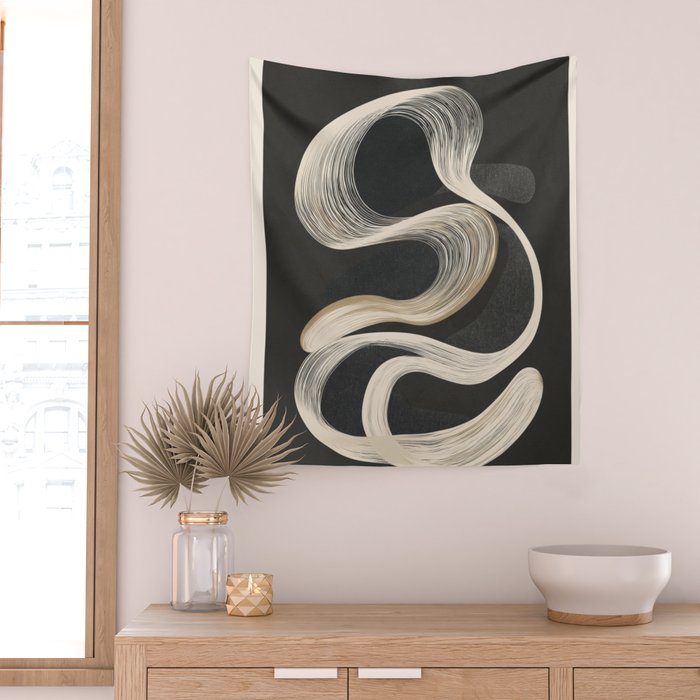 Monochrome Flow - Abstract Line Movement Wall Tapestry Gallery Image 2