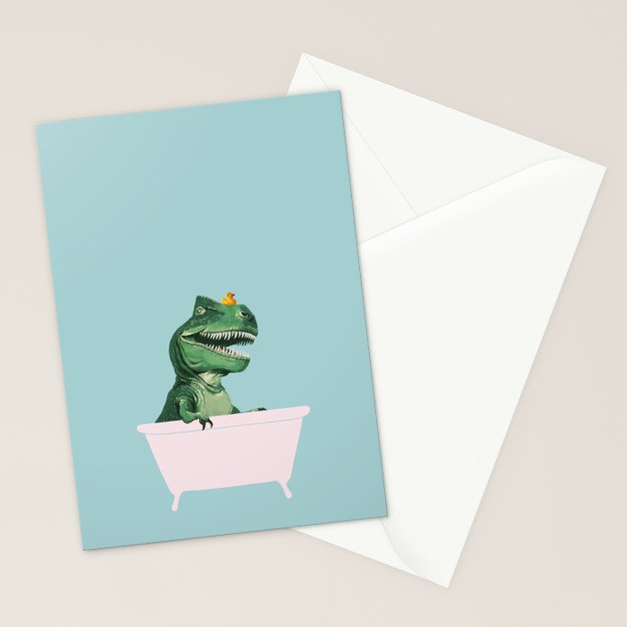 Playful T-Rex in Bathtub in Green Stationery Card Gallery Image 2