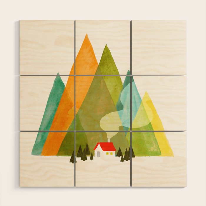 House at the foot of the mountains Wood Wall Art Gallery Image 1