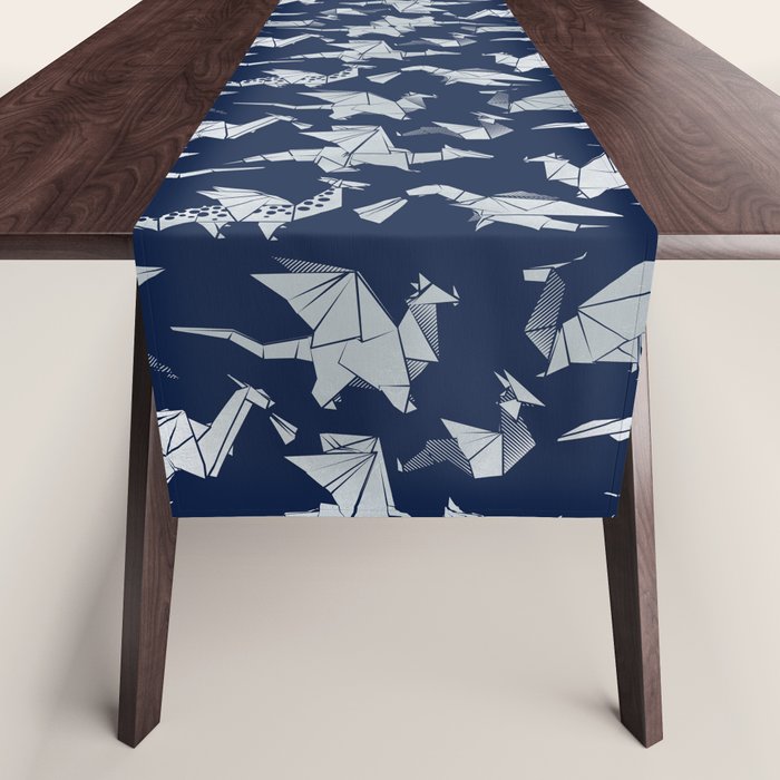 Origami metallic dragon friends // oxford navy blue background metal silver fantasy animals Table Runner Gallery Image 1